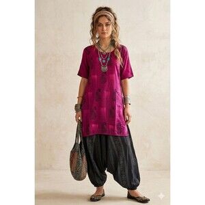 Rhea Women's One Size Boho Magenta Paisley Viscose Top Mini Dress